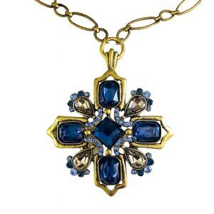 Vintage Large Goldtone Maltese Cross Pendant Necklace Blue & Clear Rhinestones